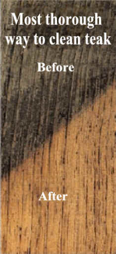 a close up of teak wood, showing a very dark, nearly black area labeled "Before" and a honey colored wood labeled "After". A caption says "Most thorough way to clean teak."