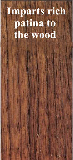 a close up of teak wood showing a rich, brown color of healthy wood. a caption reads "Imparts rich patina to the wood"